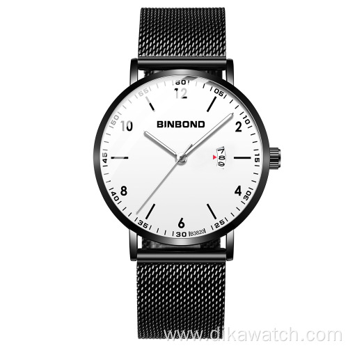 Binbond New Arrival Quartz Watch For Men with Mesh Stainless Steel Calendar Black Wrist Watch Fashion Casual Military Watches